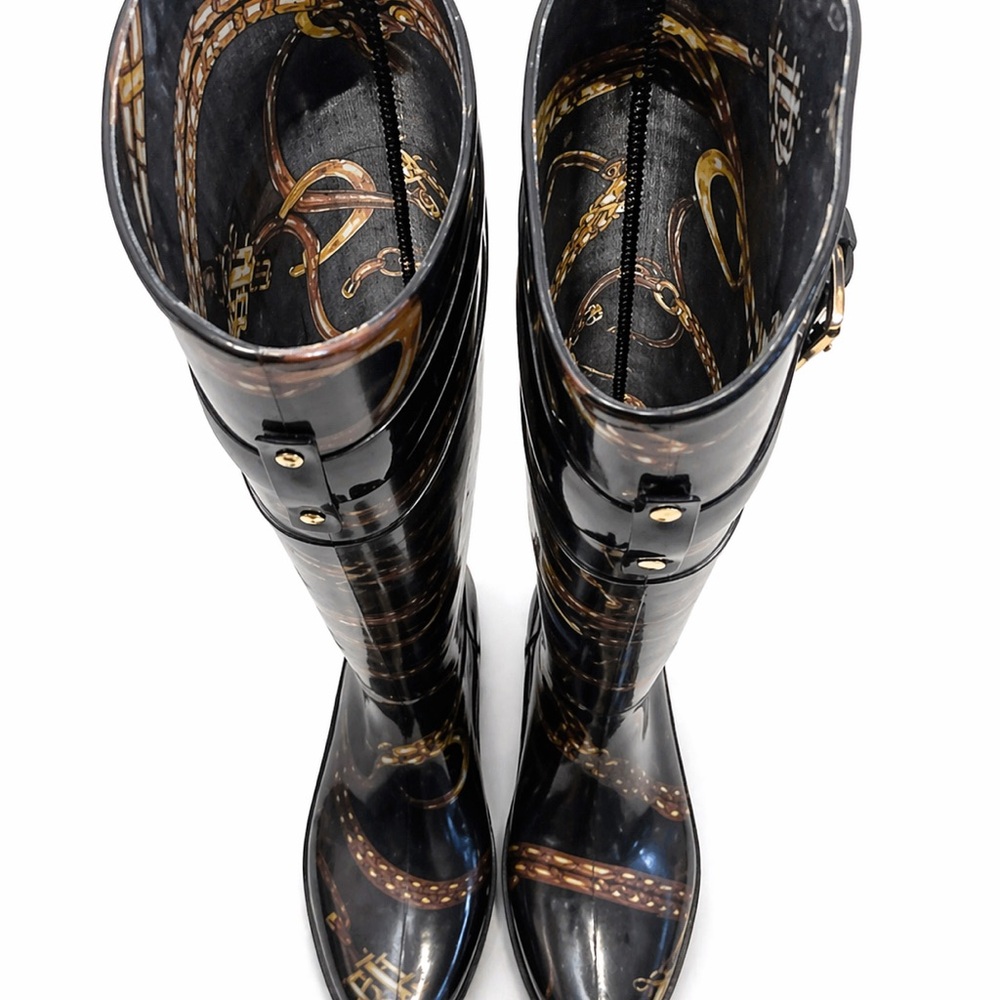 Ralph Lauren Rosalyn Black Patent Knee-High Rain Boots with Gold Equestrian